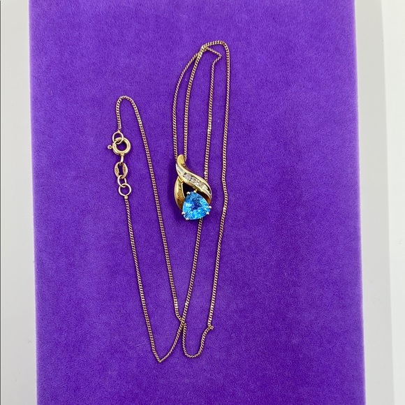 💛 Vintage 10k Gold with Blue Topaz & Diamond Pendant Necklace - Picture 2 of 6